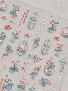 1pc Embossed Lotus Pond Blooming Flowers Dragonfly Koi Fish Boat Press-On Nail Stickers 5D Nail Art Oriental Garden Water Scene Self Adhesive Nails For Women's Elegant DIY Manicure Decals