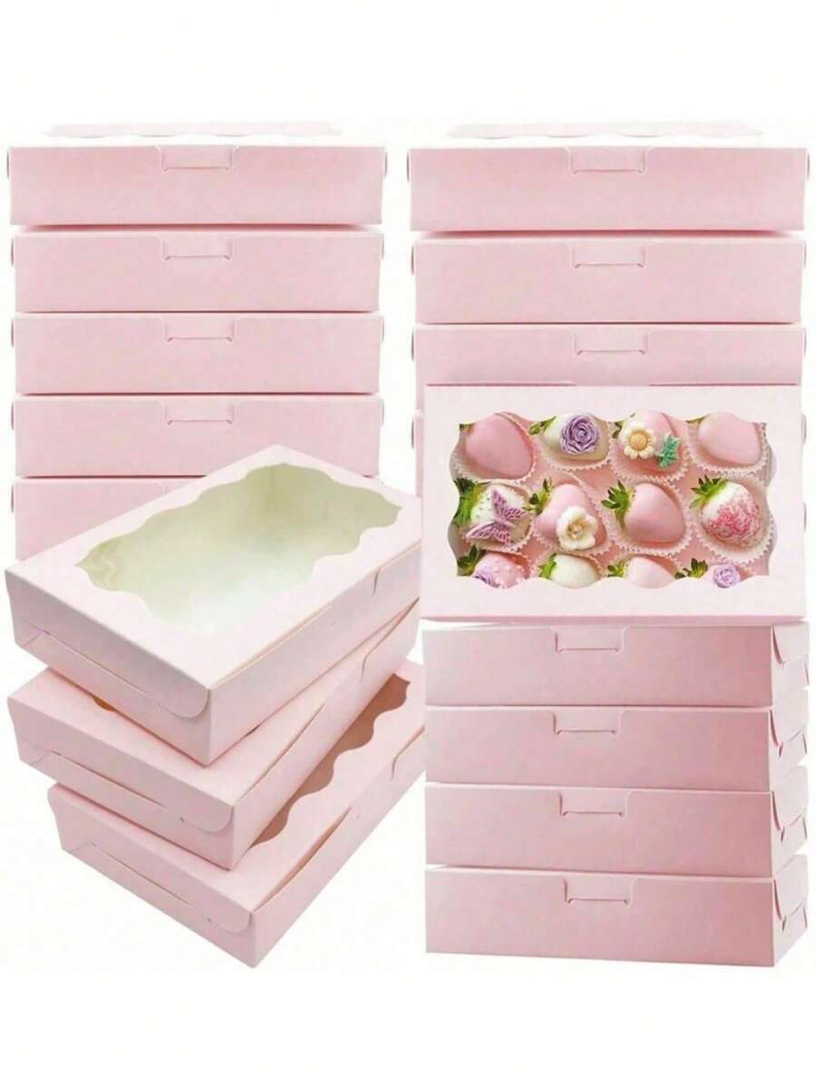 20pcs/10pcs - Cookie Boxes Pastry With Clear Window 7 X 4.3x 1.5 Inch Kraft Bakery Treat Premium Gift Box Container For Dessert, Wedding, Party, Christmas, Birthday(Pink/White) - Multiple Styles - View 1