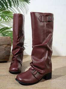 Fall/Winter Women's Fashion Leather Low Heel Pleated Tall Boots, Casual & Versatile - Burgundy - View 9