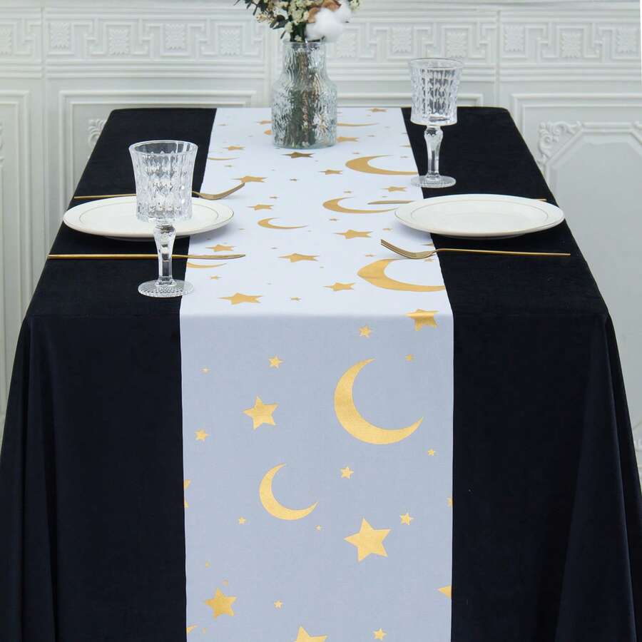 Elegant Ramadan Table Runner, 11*108 Inch Linen Texture, Crescent And Star Pattern, Perfect For Iftar Parties And Celebrations, Dinners, And Family Gatherings.