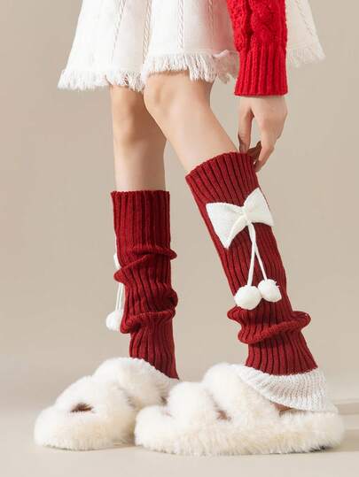 半双装女士多色红绿毛球针织可爱蝴蝶结保暖腿套，多功能过膝腿套，适合秋冬春季及圣诞节穿着