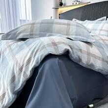 Tan Gingham Grid Duvet Cover Queen 3 Pieces Beige Plaid Duvet Cover 100% Washed Cotton Boho Plaid Comforter Cover With 2 Pillowcases Farmhouse Checkered Gingham Bedding Set Queen,  & Retro Style - 拉絲 - 格子藍 - 查看 6