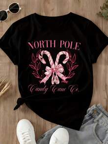 North Pole Candy Cane Co Christmas Holiday T Shirt Women Black Pink Candy Cane Design Festive Winter Top - 黑色 - 查看 3