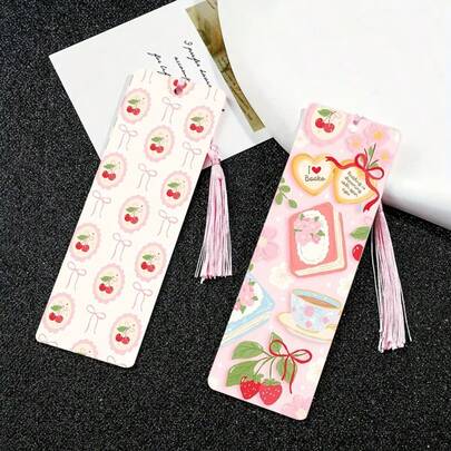 2 piezas Marcadores elegantes de decoración, con estampado de cerezo y té de la tarde impreso a doble cara, set creativo de material PET resistente al agua y duradero, regalo perfecto de Halloween y Navidad para lectores, colegas, amigos y familiares, incluye 2 accesorios de borla al azar