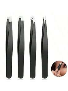 4 件装专业眉镊套装 - 不锈钢精密镊子，适用于面部毛发、内生毛发和刺的去除（黑色），价格实惠，情人节礼物，廉价商品，旅行必备，旅行用品，房间装饰，情人节礼物，便宜货，房间，1 美元商品，度假必备，女士礼物，卧室，情人节，99 美分 - 黑色 - 查看 1