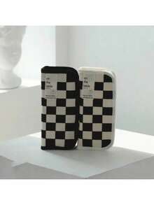 Large Capacity Pencil: Checkerboard Grid Design, Canvas Multi-Functional Pencil Bag - Black and White Plaid - View 8