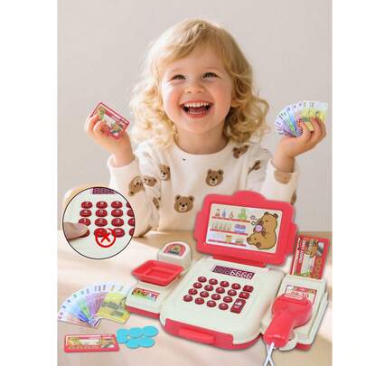 儿童玩具超市收银台套装（2款简易版，1款带计算器/1款不带计算器，不含电池）包含游戏币和收银机，适合过家家、幼儿园或节日送礼。