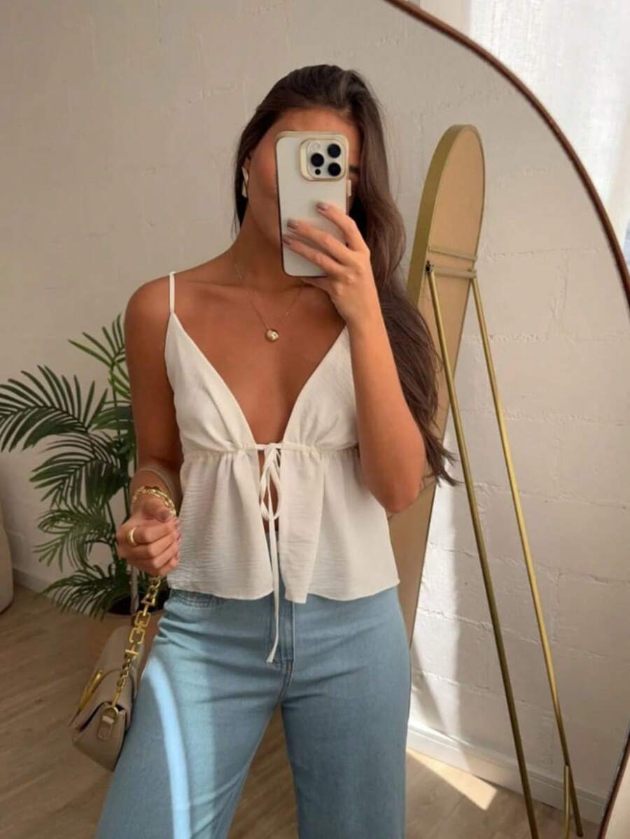 Women's Cropped Tank Top With Front Opening, Adjustable Tie, And Adjustable Straps - Spring 2025 Summer - White - View 1