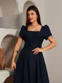 Luxury Midi Dress, Plain, Stylish And Elegant, Duna Linen, Short Sleeves. - 藏蓝色 - 查看 6