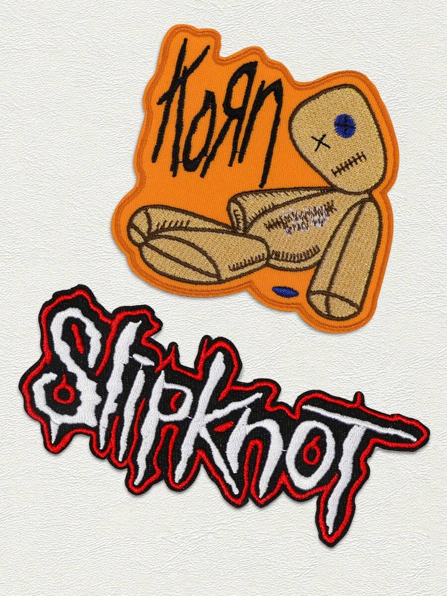 2-Piece Embroidered Iron-On/Sew-On Patches - Vibrant Mixed Colors Band Logo And Doll Patterns For Jackets, Hats, Pants DIY Clothing Decoration, Sewing Accessories, Music Fan Gear, Bold Patch Designs, Band Themed Accessories, High-Quality Embroidery - 彩色 - 查看 1