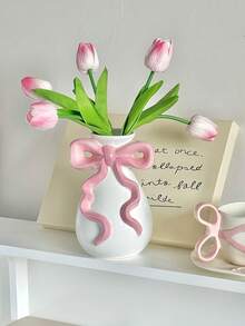 粉色蝴蝶结白色花瓶，可爱花瓶，适合装饰大学宿舍、托儿所和公寓卧室，增添少女气息。 - 彩色 - 查看 3