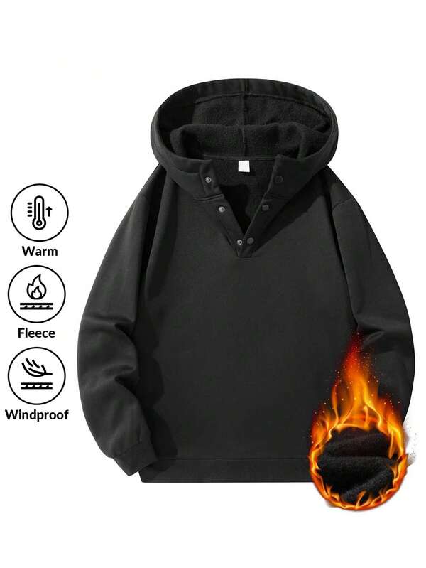 Men's Fleece Hooded Warm Hoodie, Simple Solid Color, Elastic Cuffs, Classic Button Design, Comfortable To Wear.