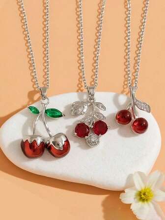 1pc Elegant And Stylish 1pc Cherry Pendant Necklace Is Made Of Copper And Silver, Making It Suitable For Women's Clavicle Chains, Perfect For Travel, Vacations, Daily Commutes, And As A Gift.