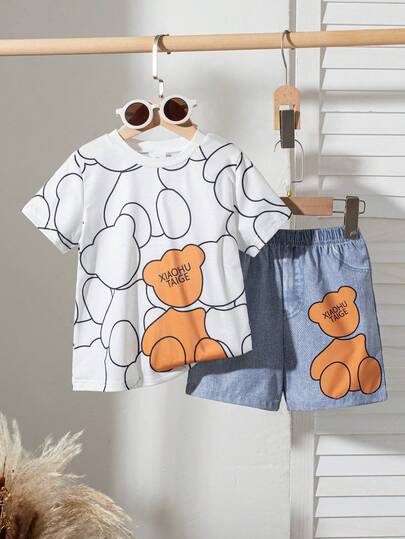 2pcs/Set Boys Casual Cartoon Print Round Neck Short Sleeve T-Shirt And Shorts Set, Summer
