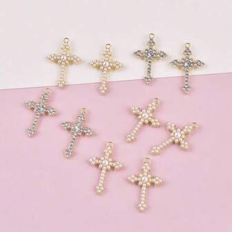 10pcs Cross Charms With Drill, Pearl Cross Alloy Charms For DIY Jewelry Pendant Earrings Necklace Jewelry Accessories