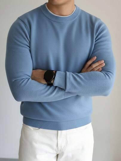 男士纯色圆领长袖休闲宽松轻薄针织衫