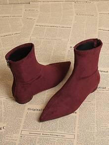 2024年初秋新款方头粗跟时尚高跟踝靴，女款，秋冬款，酒红色鞋跟 - 酒紅色 - 查看 3