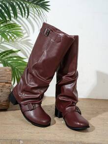Fall/Winter Women's Fashion Leather Low Heel Pleated Tall Boots, Casual & Versatile - Burgundy - View 7