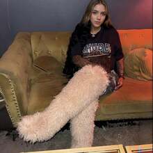 Women's Thigh High Fur Boots Faux Fur Fluffy Flat Warm Over The Knee Boots Tall Furry Snow Shoes For Women - 杏色 - 查看 5