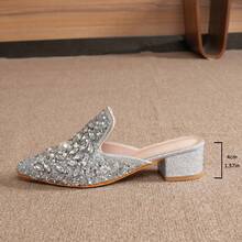 Women's Pointed Toe Mid-Heel Slip-On Mules, Sparkling Rhinestone Embellished, Fashion Dress Shoes For Party & Vacation, Suitable For All Seasons - Silver - View 6