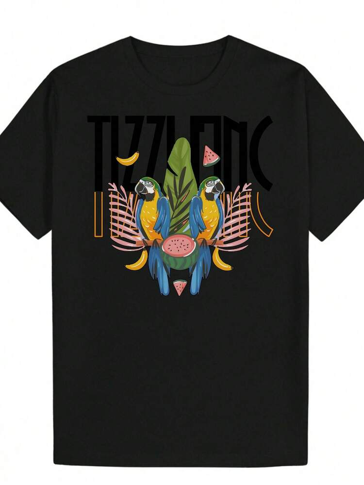 Camiseta de Hombre con Estampado Tropical en Blanco y  Loro, Piña e Inscripciones Griegas (TI ZEPI NEIKA) - Manga Corta Liviana para Verano – Ropa Casual o Deportiva Ideal Para Playa, Pesca, Running – Cuello Redondo Transpirable ¡Inspiración Hawaiana! - Negro - Añade 1
