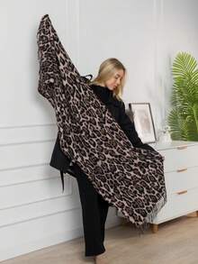 1 pièce Écharpe en laine épaisse marron foncé à motif léopard et rayures, style automne/hiver mode. Écharpe chaude en acrylique comme le cachemire, châle bohème casual coupe-vent pour couple, écharpe-couverture confortable, convient pour un port quotidien
