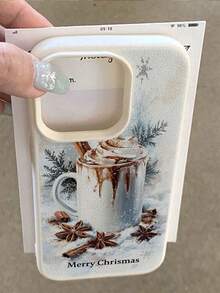 1个定制文字冬季雪景圣诞主题手机壳，带白色热饮杯图案 - 白色 - 查看 4
