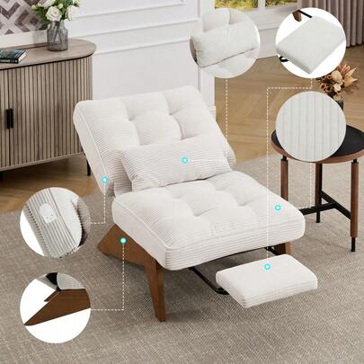 Modern Adjustable Backless Lounge Chair Made Of Fabric With Footrest, Lumbar Cushion And Wooden Legs For Living Room/Bedroom/Study