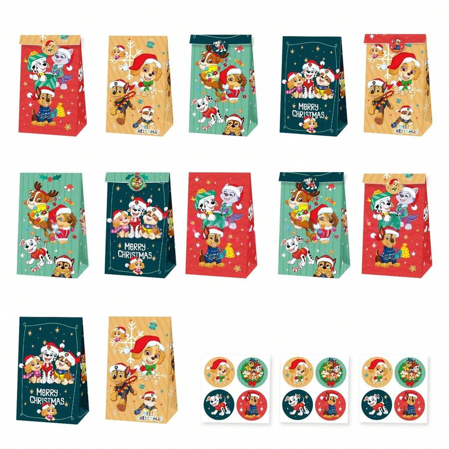 12 Stücke Tasche + 12 Stücke Aufkleber Paw Patrol Weihnachtsthema Party Geschenktüte und Weihnachtsmaske, Geburtstagsdekoration, Geschenkverpackungstüten, Papiertüten, geeignet für Geburtstag, Weihnachten und Silvester Party Zubehör, aber auch eine perfekte Wahl für Thanksgiving (12 Stücke Tasche + 12 Stücke Aufkleber).