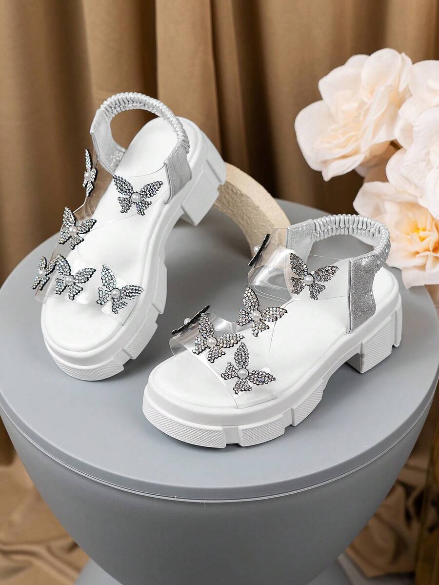 1 Pair Children's Fashion Rhinestone Butterfly Thick-Sole Sandals - Silver White, With Elastic Ankle Strap, Cute, Comfortable And Elegant. They Are Great For Daily Wear, School Life, Park Play And Summer Outings, And Can Be Easily Paired With Various Outfits. - Silver - View 1