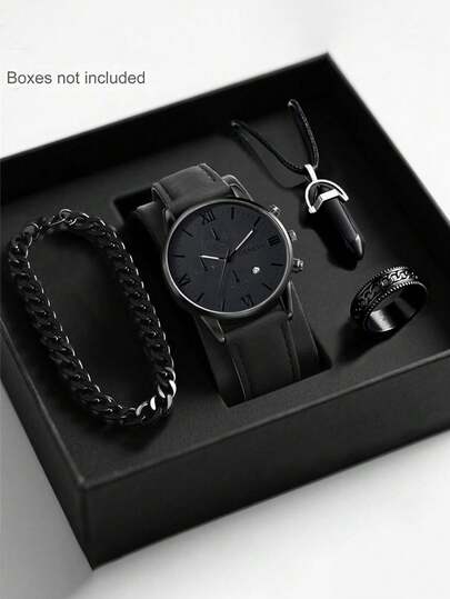 4/1 Stück Modische Business Lässig Römische Zeiger Quarz Uhr und modisches Armband, Anhänger Halskette und Ring Set für Jungen, sehr geeignet für den täglichen Gebrauch wie Schulbeginn, Partys und Reisen. Geburtstagsgeschenke, Abschlusszeit, Weihnachten, perfekte Geschenke für Jungen