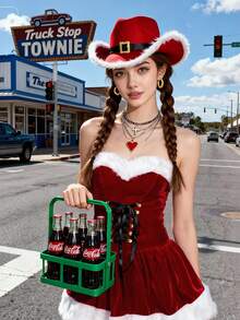 红色毛绒圣诞老人性感连衣裙配红色牛仔帽，圣诞装扮 - 彩色 - 查看 5