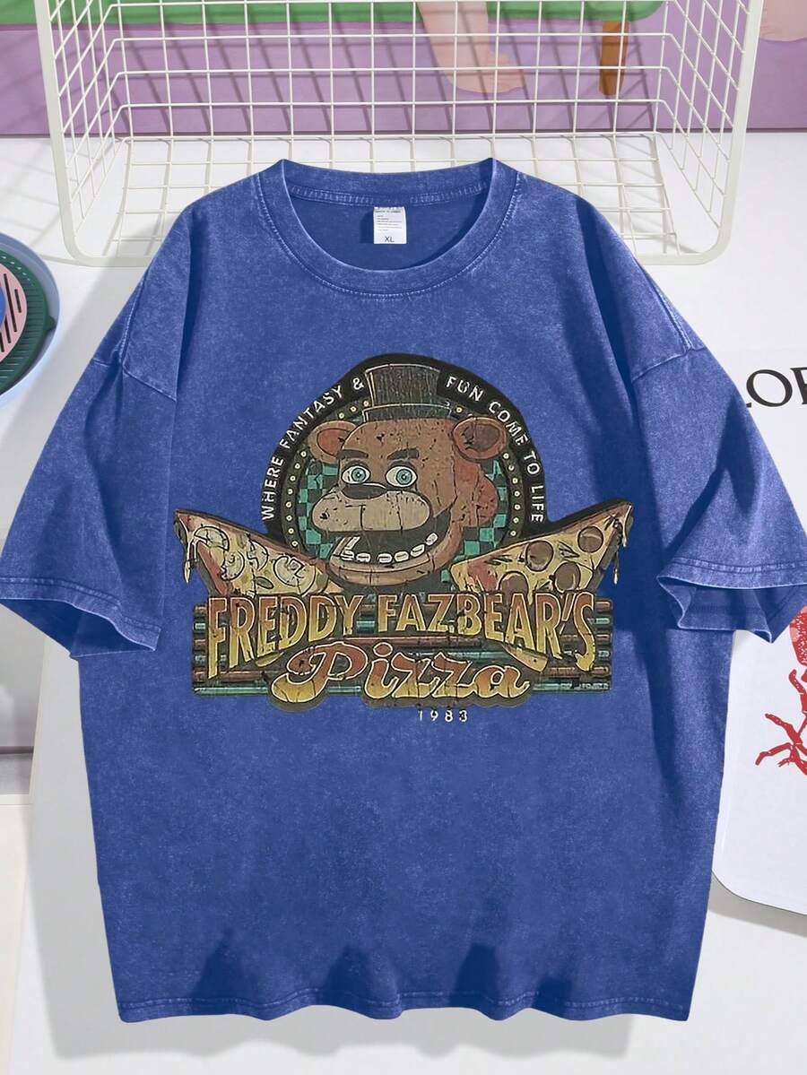 Bear Pizza Graphic Men's T-Shirt | Acid Wash Retro Summer Streetwear Top - Màu xanh lam - Xem 1