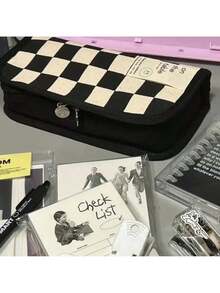 Large Capacity Pencil: Checkerboard Grid Design, Canvas Multi-Functional Pencil Bag - Black and White Plaid - View 6