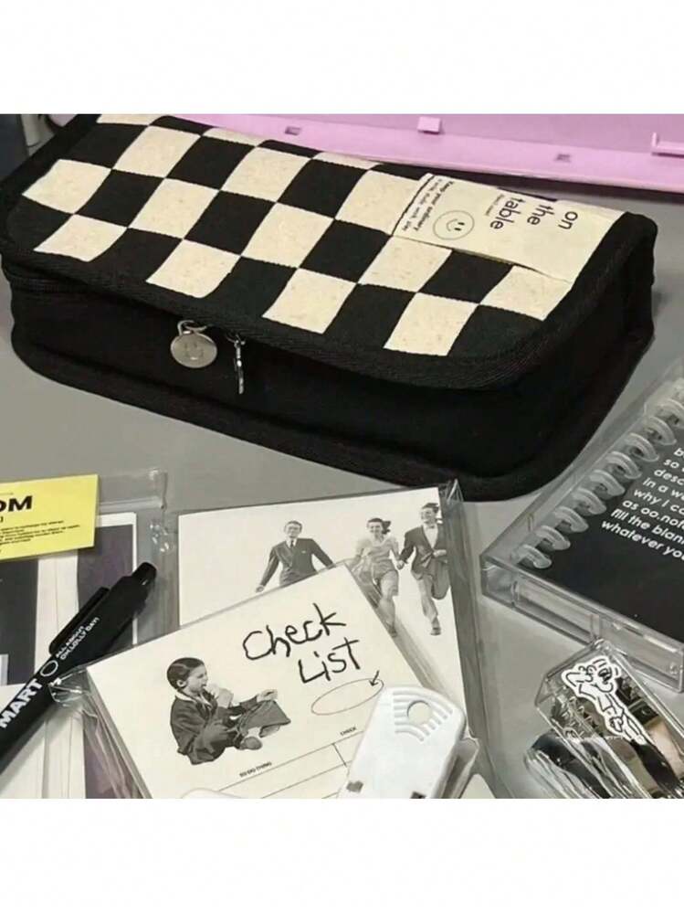 Large Capacity Pencil: Checkerboard Grid Design, Canvas Multi-Functional Pencil Bag - 黑白格子 - 查看 6