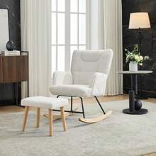 Schaukelstuhl Ergonomisch Including Fußhocker, Stabilizer Gummiholzrahmen, White, Der Um 30 Grad Schaukeln Kann, Stuhl Mit Hoher Rückenlehne & Fußstütze, Relaxsessel, Gepolsterter Relaxsessel Für Wohnzimmer - White - View 5