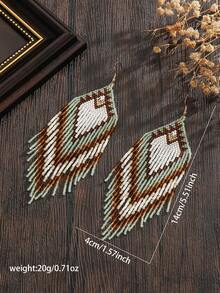 1 Pair Women's Fashion Bohemian Tassel Earrings, Vintage Green Geometric Heart Pattern, Long Tassel Swinging Glass Seed Bead Handmade Earrings, Suitable For All Seasons, Versatile Daily Wear & Gift