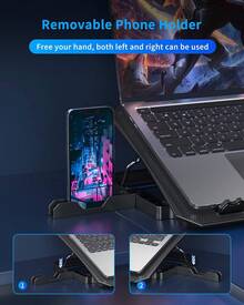 Laptop Cooling Pad, Laptop Cooler With 6 Quiet Fans For 12-17 Inch Notebook Gaming Fan Stable Stand, 5 Height & Wind Speed Adjustable, 2 USB Port & Phone Holder (Black) - 黑色 - 查看 10
