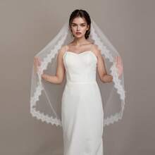 1pc Bride Wedding Mid-Length Lace Trim Luxury White Vintage Bridal Veil Accessory For Photo Shoot