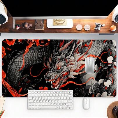 1PC Japanese Dragon Desk Mat, Red Accents Design Extended Mouse Pad For Office & Gaming,Aesthetic Desktop Drotection Pad,Washable Rubber Pad Non-Slip Lock Edge Multi-Size Mouse Pad Suitable For Home Office,Good Gift For Family And Friends