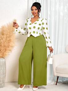 BIUBIU Damen Große Größen Herbst und Winter Pendler Alltags Lässig V-Ausschnitt Langarm Asymmetrischer Saum Kontrast Polka Dot Top und Taille gerade Hose Zweiteiler Set