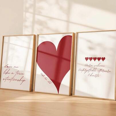 1/3pcs Frameless 3-Piece Red Heart Bedroom Art Set, Modern Minimalist Couple Decor, Valentine's Day Gallery Wall Collection, Cute Love Print For Bedroom, Dorm & Living Room | Perfect Valentine's Gift With Preppy Aesthetic