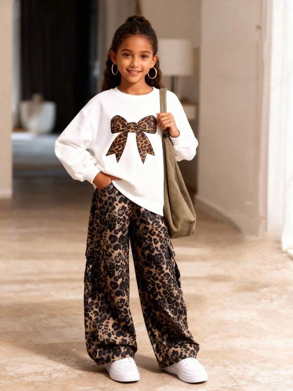 Conjunto de sudadera y pantalones con estampado de moño informal para niñas preadolescentes, primavera/otoño