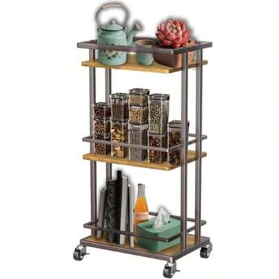 3 Tier Multifunctional Storage Shelf With Wheels Ideal For Kitchen Living Room And Office Organization Brown