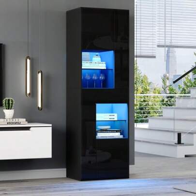 Display Cabinet Measuring 55 X 38 X 170 Cm, Tall Cabinet With 1 Drawer And 4 Compartments, Glass Display Cabinet With LED Lighting, Display Cabinets With A Glossy Finish, Living Room Furniture, Display Case, Showcase, Black Color