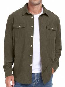 Men's Corduroy Button Down Long Sleeve Casual Shacket Western Shirt With Flap Pockets, 2025 Style - A09 軍綠色 - 查看 11