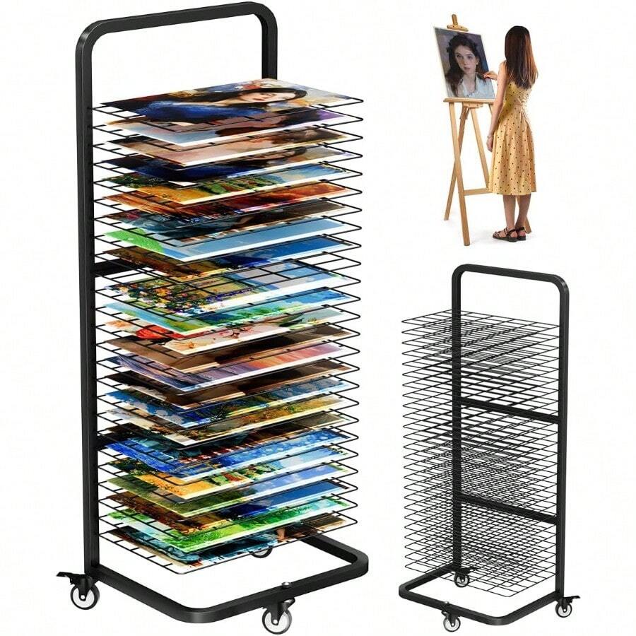 Garbuildman Heavy-Duty Art Drying Rack For Paintings Metal Drying Stand With 25 Removable Shelves Mobile Canvas Storage Rack With Lockable Wheels For Classrooms Art Studios Black - Black - View 1