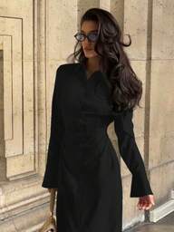 여성용 우아한 텍스처 출퇴근 롱 드레스 - 옆 주름, 러플 소매, 앞면 버튼, 꼭 맞는 허리, 턴다운 칼라