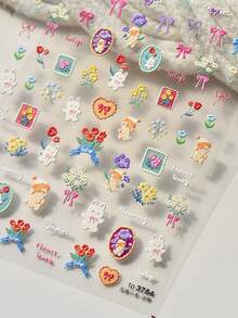 1 miếng dán móng tay 3D hình thỏ vườn hoa, hình thỏ dễ thương, hoa nhiều màu sắc, nơ, hoa tulip nở rộ, hình dán móng tay 5D lãng mạn, trang trí móng tay DIY mộng mơ dành cho nữ, phụ kiện làm móng mùa xuân, miếng dán móng tay - Nhiều màu - Xem 9