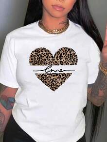 Camiseta Casual de Verano con Estampado de Corazón de Leopardo para Hombres y Mujeres, Cuello Redondo, Manga Corta, Estilo Ligero y Cómodo - Blanco - Ver 6